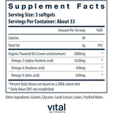 Tabla nutricional del suplemento Vital Nutrients Aceite de Linaza 100 cápsulas blandas