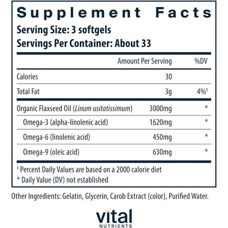 Tabla nutricional del suplemento Vital Nutrients Aceite de Linaza 100 cápsulas blandas