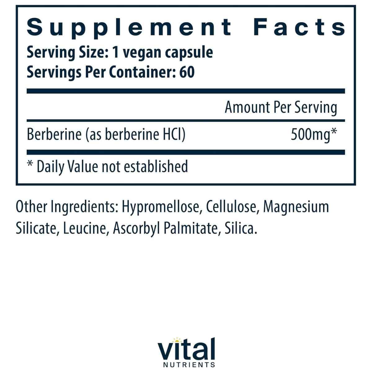 Tabla nutricional del suplemento Vital Nutrients Berberina 500 mg 60 cápsulas veganas