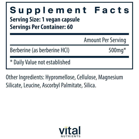 Tabla nutricional del suplemento Vital Nutrients Berberina 500 mg 60 cápsulas veganas