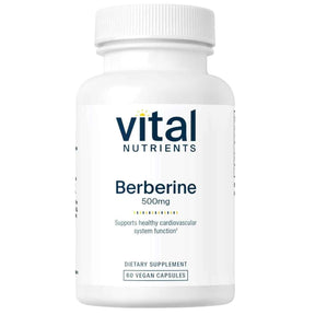 Frasco de suplemento Vital Nutrients Berberina 500 mg 60 cápsulas veganas