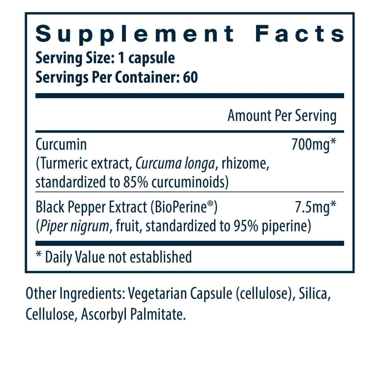 Tabla nutricional del suplemento Vital Nutrients Curcumina 60 cápsulas