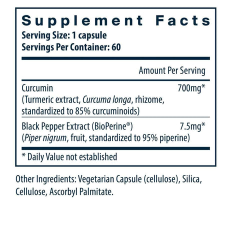 Tabla nutricional del suplemento Vital Nutrients Curcumina 60 cápsulas