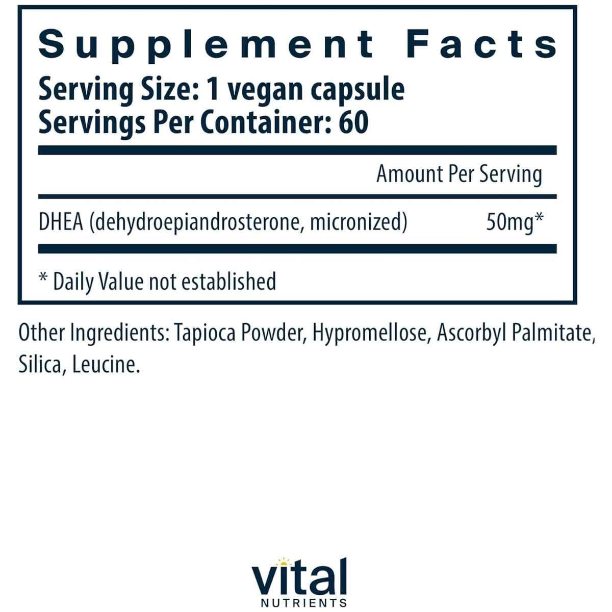 Tabla nutricional del suplemento Vital Nutrients DHEA Micronizada 50 mg 60 cápsulas veganas