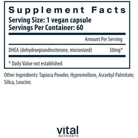 Tabla nutricional del suplemento Vital Nutrients DHEA Micronizada 50 mg 60 cápsulas veganas