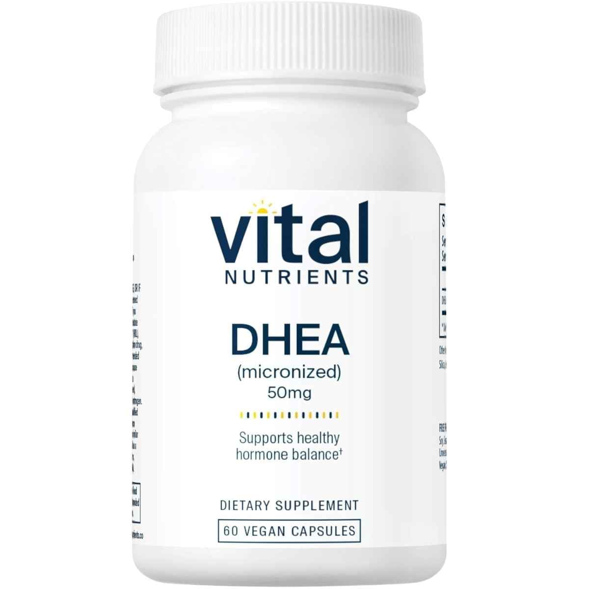 Frasco de suplemento Vital Nutrients DHEA Micronizada 50 mg 60 cápsulas veganas
