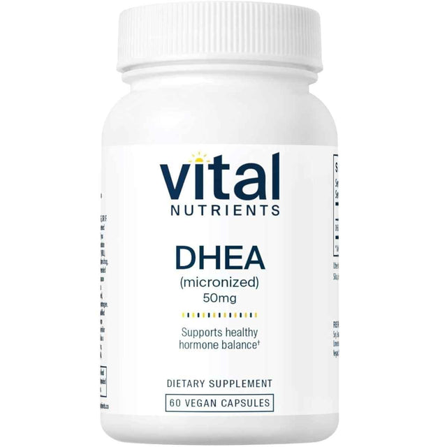 Frasco de suplemento Vital Nutrients DHEA Micronizada 50 mg 60 cápsulas veganas
