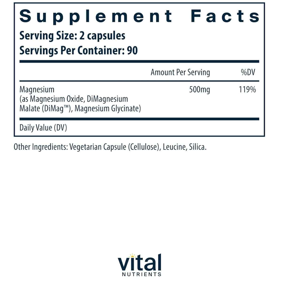 Tabla nutricional del suplemento Vital Nutrients Triple Complejo de Magnesio