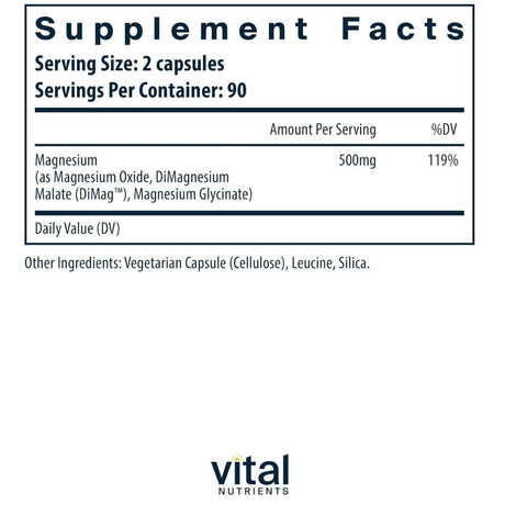Tabla nutricional del suplemento Vital Nutrients Triple Complejo de Magnesio