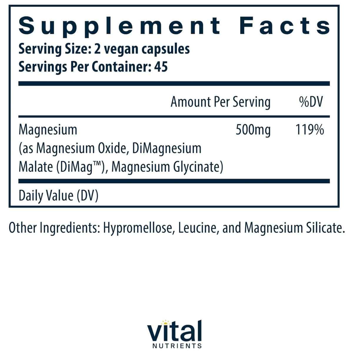 Tabla nutricional del suplemento Vital Nutrients Triple Complejo de Magnesio