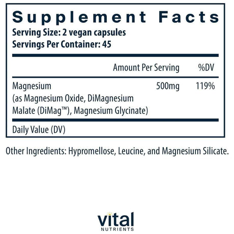 Tabla nutricional del suplemento Vital Nutrients Triple Complejo de Magnesio