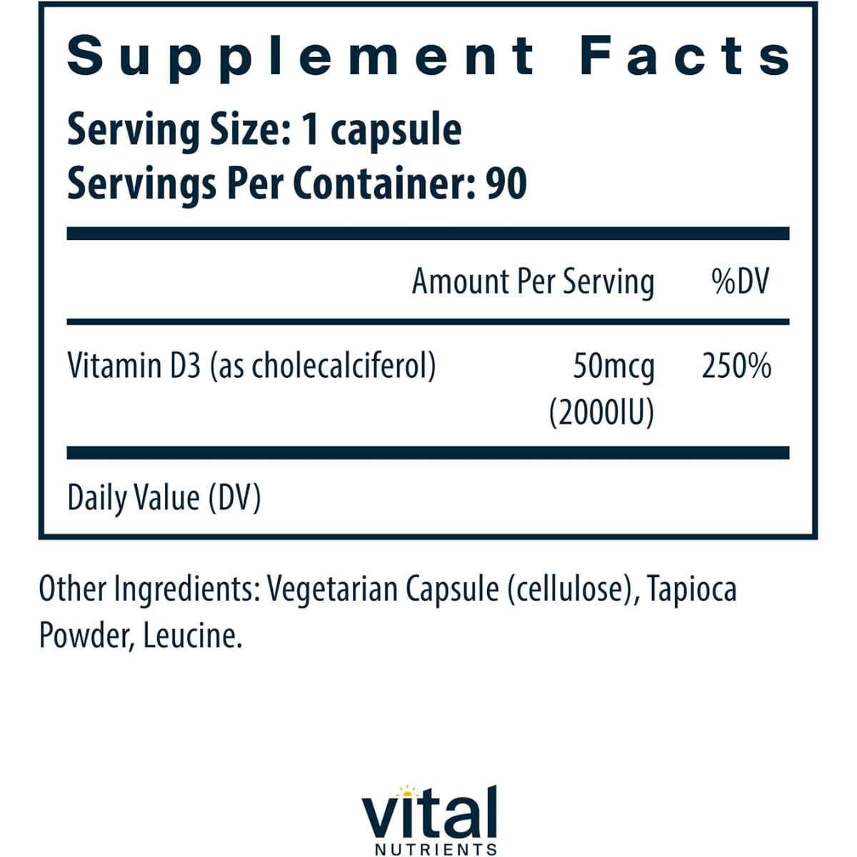 Tabla nutricional del suplemento Vital Nutrients Vitamina D3 2000 UI 90 cápsulas
