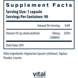 Tabla nutricional del suplemento Vital Nutrients Vitamina D3 2000 UI 90 cápsulas