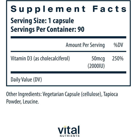 Tabla nutricional del suplemento Vital Nutrients Vitamina D3 2000 UI 90 cápsulas