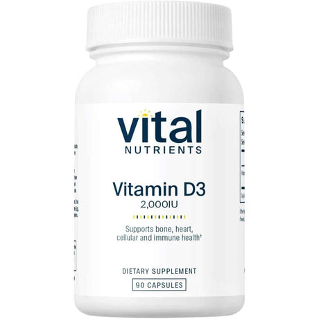 Frasco de suplemento Vital Nutrients Vitamina D3 2000 UI 90 cápsulas