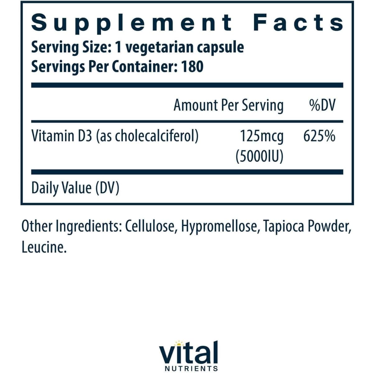 Tabla nutricional del suplemento Vital Nutrients Vitamina D3 5000 IU 180 cápsulas