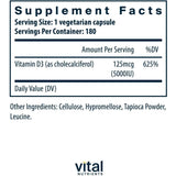 Tabla nutricional del suplemento Vital Nutrients Vitamina D3 5000 IU 180 cápsulas