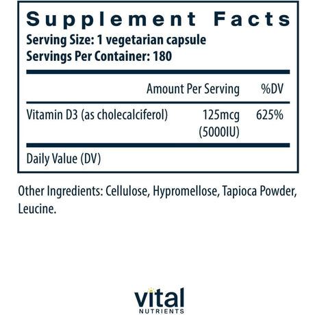 Tabla nutricional del suplemento Vital Nutrients Vitamina D3 5000 IU 180 cápsulas