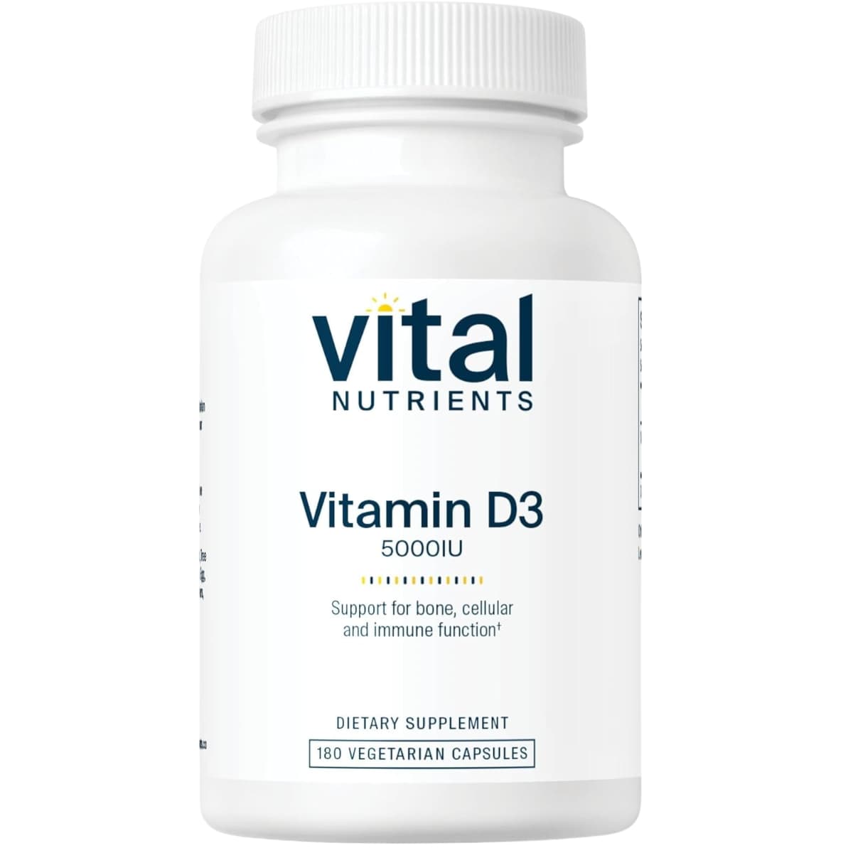 Frasco de suplemento Vital Nutrients Vitamina D3 5000 IU 180 cápsulas