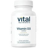 Frasco de suplemento Vital Nutrients Vitamina D3 5000 IU 180 cápsulas