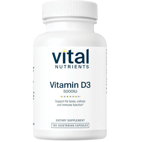 Frasco de suplemento Vital Nutrients Vitamina D3 5000 IU 180 cápsulas