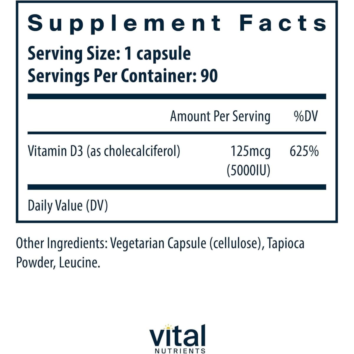 Tabla nutricional del suplemento Vital Nutrients Vitamina D3 5000 IU 90 cápsulas