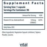 Tabla nutricional del suplemento Vital Nutrients Vitamina D3 5000 IU 90 cápsulas