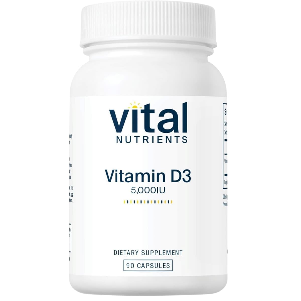 Frasco de suplemento Vital Nutrients Vitamina D3 5000 IU 90 cápsulas