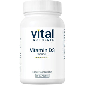 Frasco de suplemento Vital Nutrients Vitamina D3 5000 IU 90 cápsulas