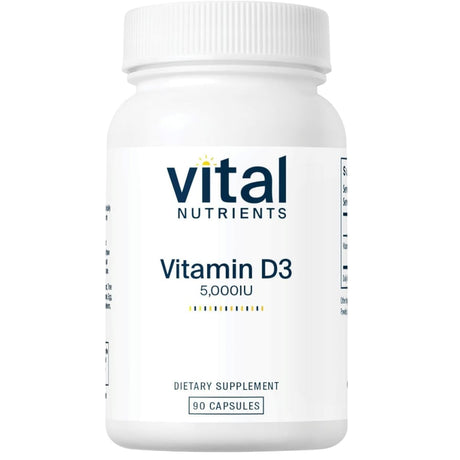 Frasco de suplemento Vital Nutrients Vitamina D3 5000 IU 90 cápsulas