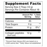Tabla nutricional del suplemento Vital Proteins colágeno marino en polvo con información de ingredientes y valores por porción 221g
