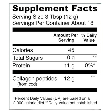 Tabla nutricional del suplemento Vital Proteins colágeno marino en polvo con información de ingredientes y valores por porción 221g