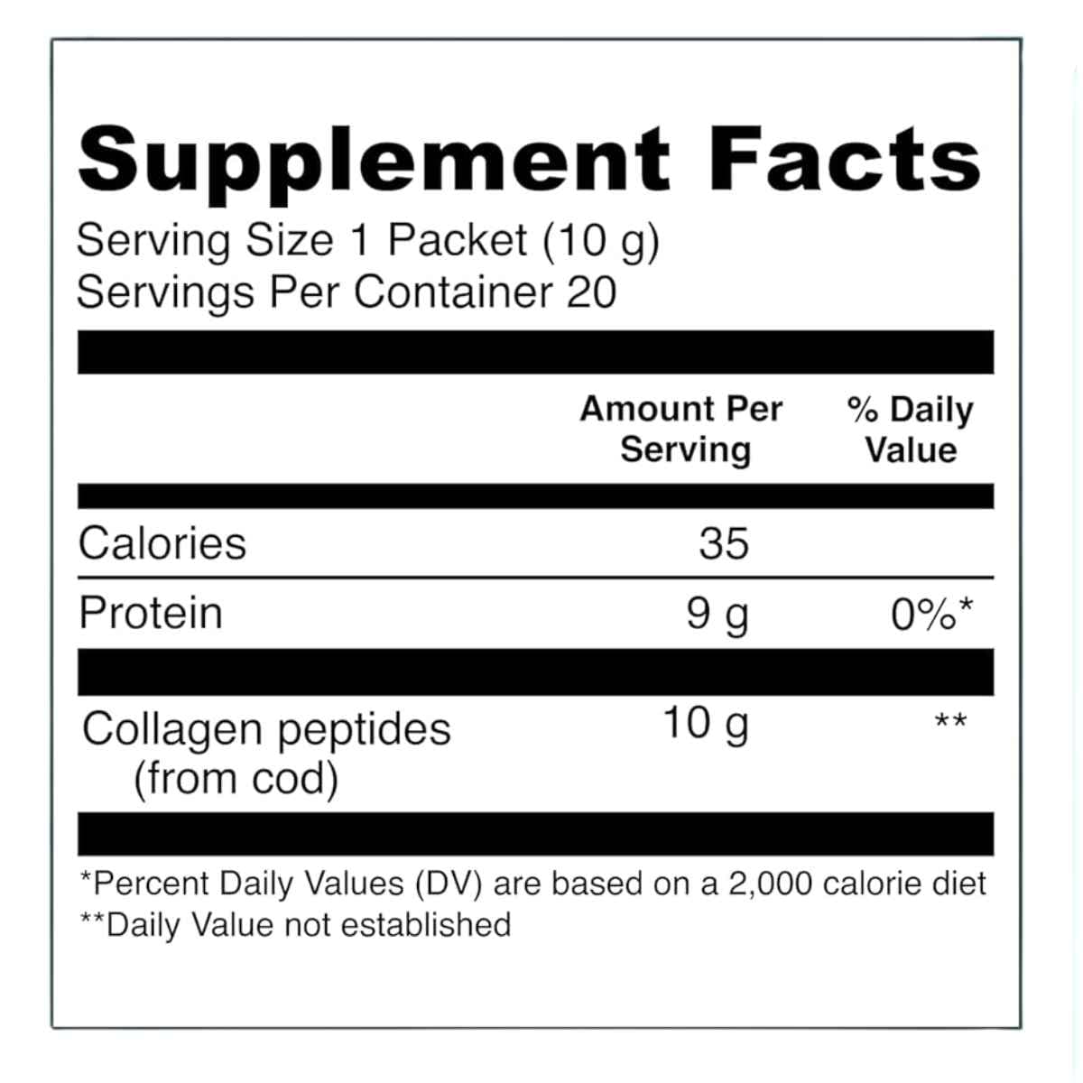 Tabla nutricional del suplemento Vital Proteins colágeno marino en polvo con información de ingredientes y valores por porción en sobres