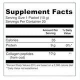 Tabla nutricional del suplemento Vital Proteins colágeno marino en polvo con información de ingredientes y valores por porción en sobres