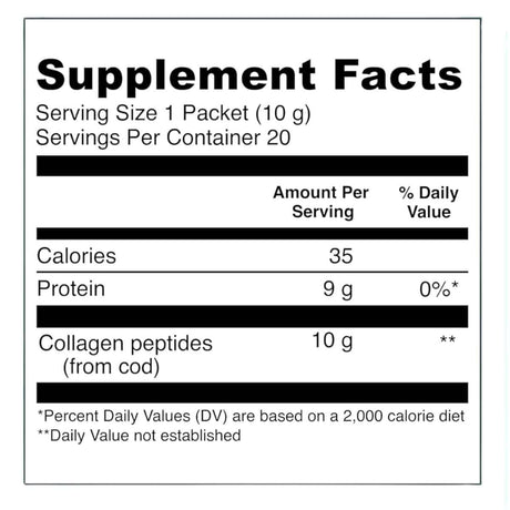 Tabla nutricional del suplemento Vital Proteins colágeno marino en polvo con información de ingredientes y valores por porción en sobres