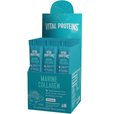 Caja de sobres de colágeno marino Vital Proteins en polvo, presentación de 20 sobres de 10 gramos