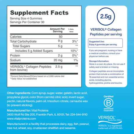 Tabla nutricional del suplemento Vital Proteins Colágeno Uva 120 gomitas