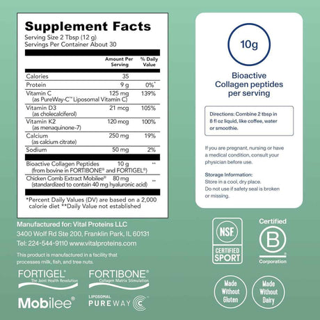 Tabla nutricional del suplemento Vital Proteins Complejo de Colágeno Bioactivo 365 g