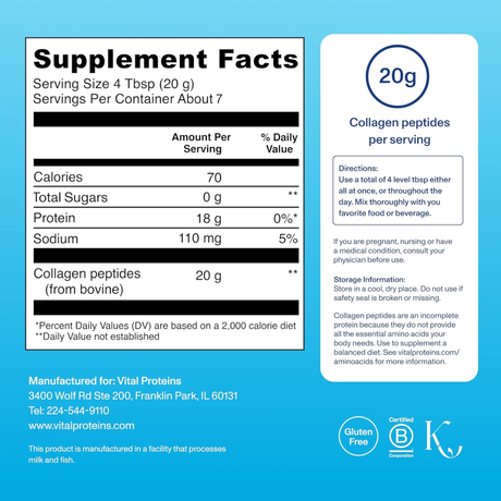 Información del suplemento de Vital Proteins péptidos de colágeno sin sabor, 140 g