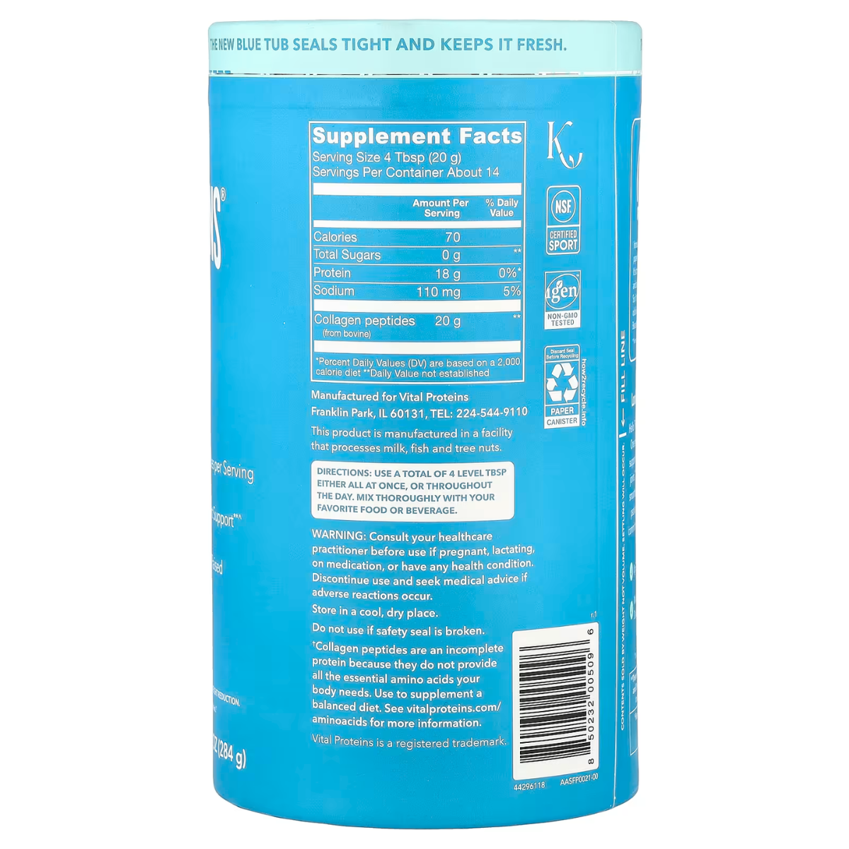Información del suplemento de Vital Proteins péptidos de colágeno sin sabor, 284 g