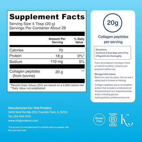 Información del suplemento de Vital Proteins péptidos de colágeno sin sabor, 547 g