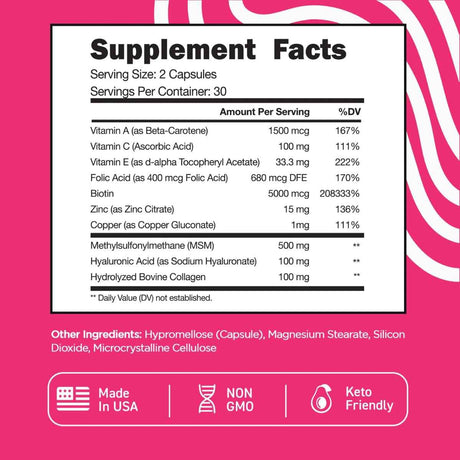 Tabla nutricional del suplemento Vital Vitamins Biotin Complex con Colágeno y Ácido Hialurónico 60 cápsulas
