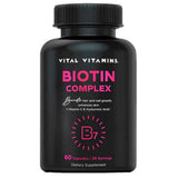 Frasco de suplemento Vital Vitamins Biotin Complex con Colágeno y Ácido Hialurónico 60 cápsulas