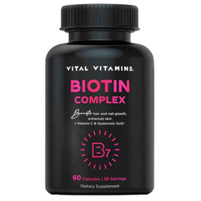 Frasco de suplemento Vital Vitamins Biotin Complex con Colágeno y Ácido Hialurónico 60 cápsulas
