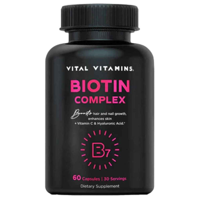 Frasco de suplemento Vital Vitamins Biotin Complex con Colágeno y Ácido Hialurónico 60 cápsulas