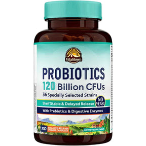Frasco de suplemento Vitalitown Probióticos 36 Cepas 120 Billion CFUs 30 cápsulas