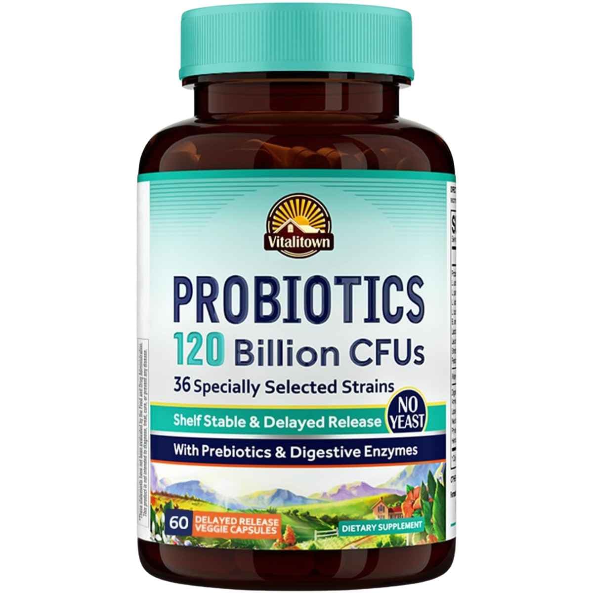Frasco de suplemento Vitalitown Probióticos 36 Cepas 120 Billion CFUs 60 cápsulas