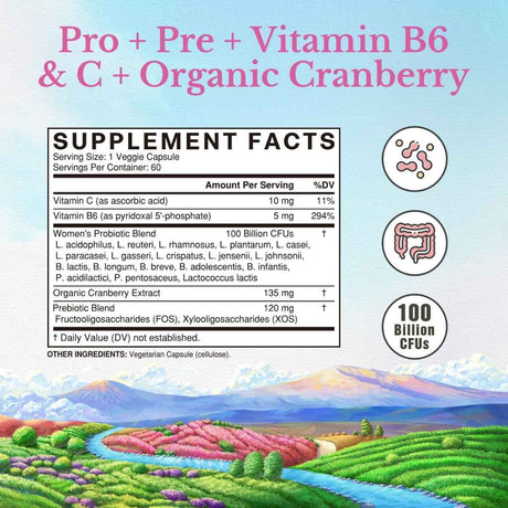 Tabla nutricional del suplemento Vitalitown Probióticos para Mujer 100 Billion CFUs 60 cápsulas
