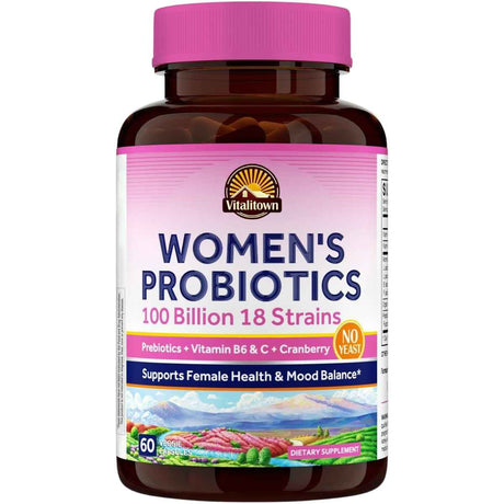 Frasco de suplemento Vitalitown Probióticos para Mujer 100 Billion CFUs 60 cápsulas