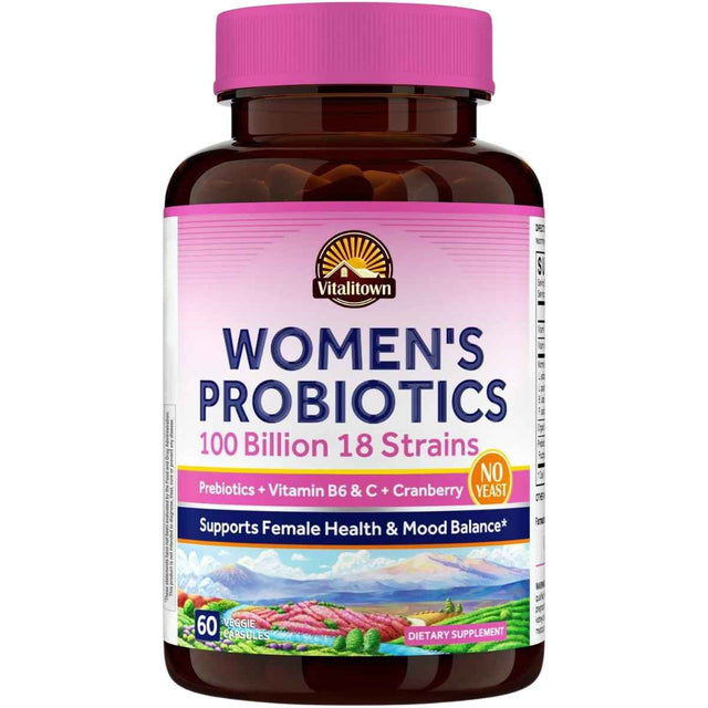 Frasco de suplemento Vitalitown Probióticos para Mujer 100 Billion CFUs 60 cápsulas